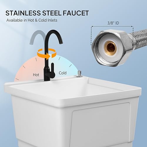 Miniatura 4 de ROVSUN Fregadero de plástico de 21 galones, fregadero independiente con grifo caliente y frío, dispensador de jabón, tapón de drenaje y patas de