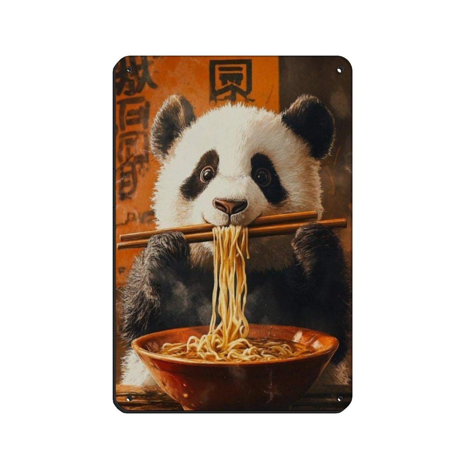 Cute Panda Eating Noodles ArtPoster, Tin Sign Vintage Metal Pub Club Cafe Bar Home Wall Art Decoration Poster Retro 8x12inch(20x30cm)