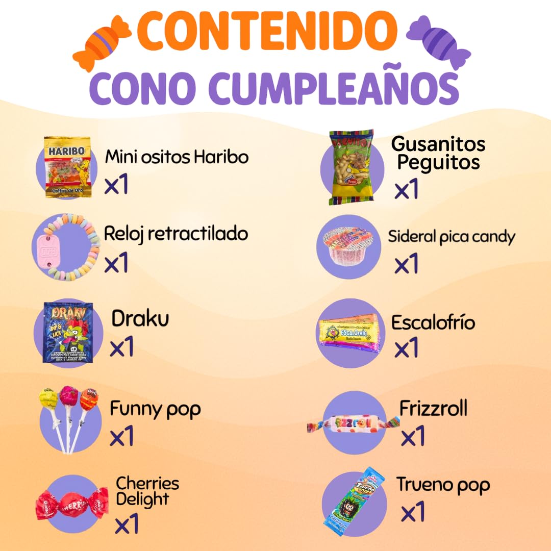 Pack 30 Conos Chuches Cumpleaños | Cucuruchos Chuches Rellenos | Bolsas Gominolas Preparadas para Fiestas Infantiles, Piñatas y Eventos.