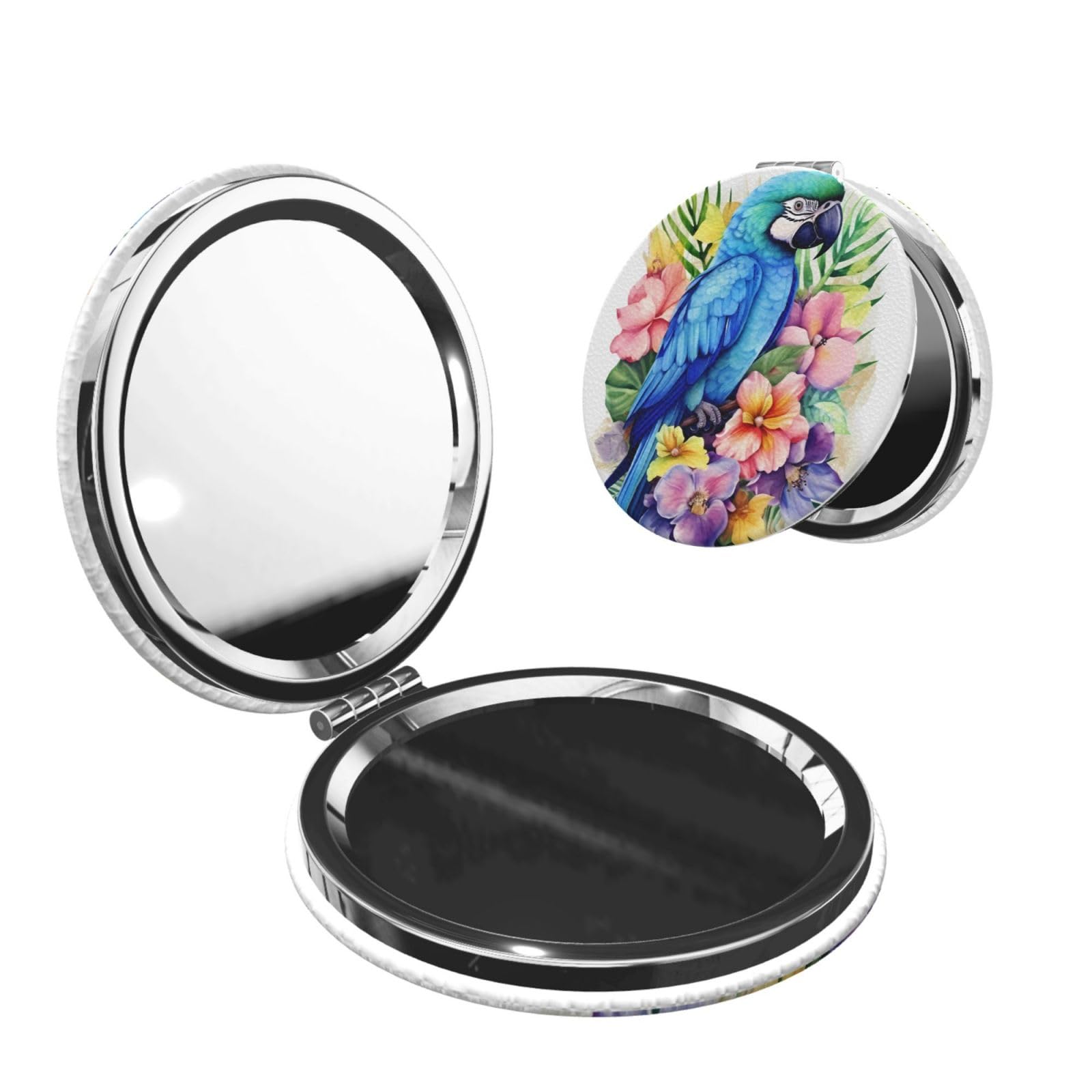 DWVTSLH Blue Parrot in Flowers Compact Mirror for Purse, Double-Sided 2X/1X Magnifying Mirror for Women Men, Travel Makeup Mirror for Handbag, Handheld Vanity Mirror for Gift