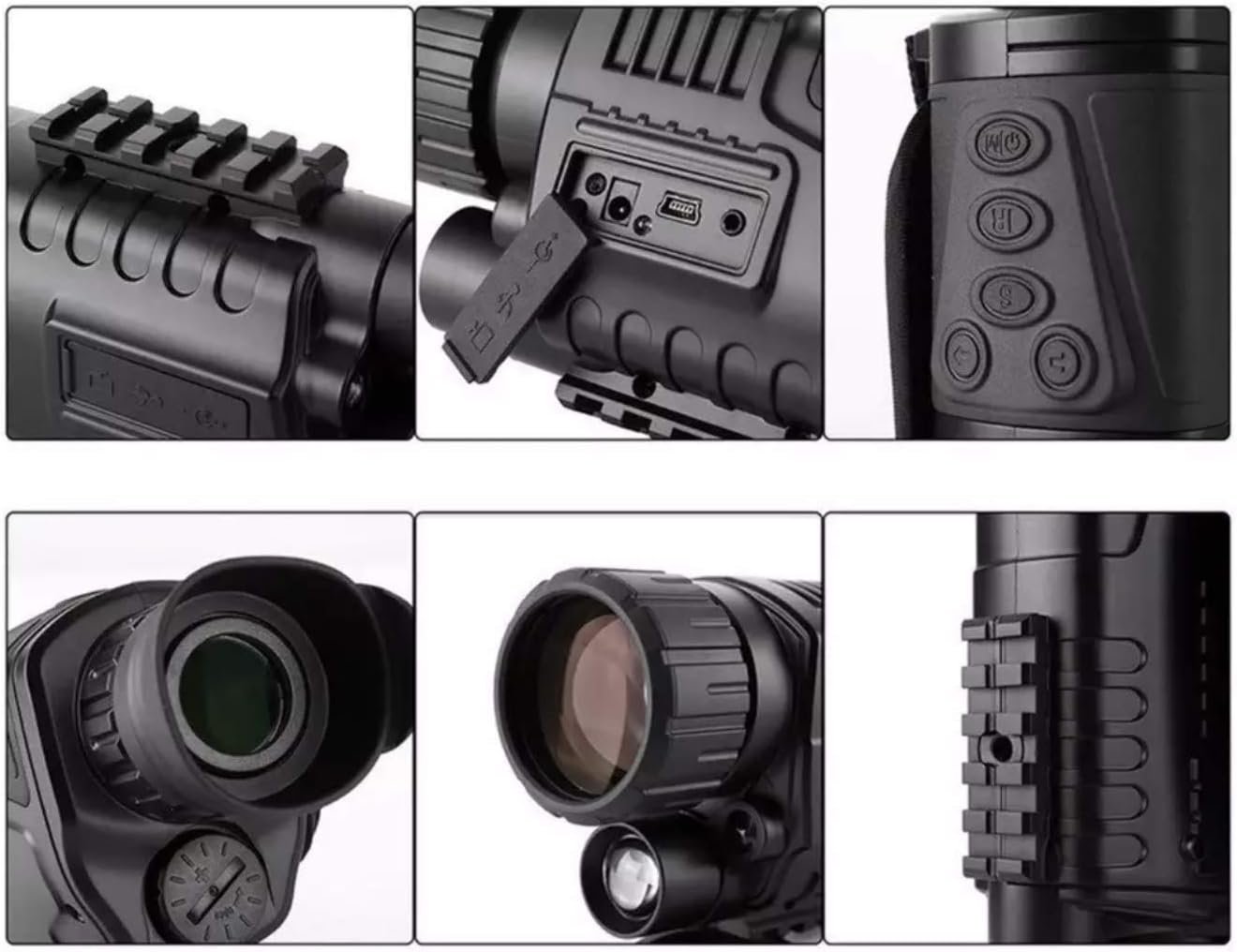 Collage of detailed views of the SUNTEK NV-300, showing the USB and SD card ports, control buttons, eyepiece, objective lens, and Picatinny mount.