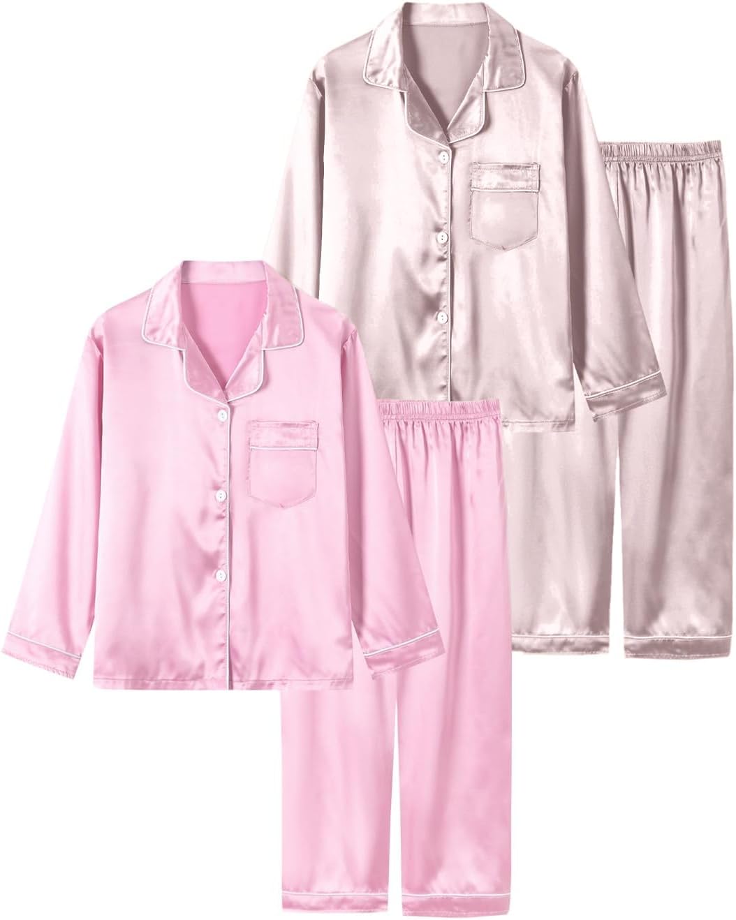 Boys Girls Pajamas Set 4Pjs Long Sleeve Button-Up Top Satin Pajamas Sets Loungewear, 5-14 Years