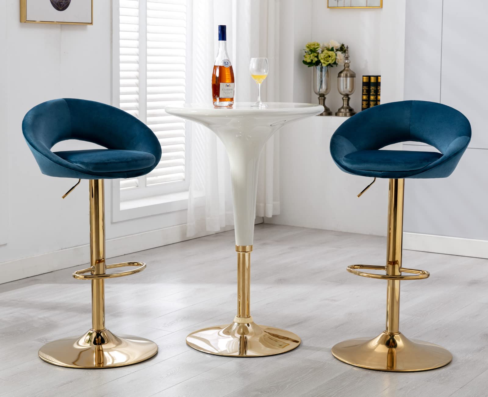EALSON Counter Height Bar Stools Set of 2 Swivel Barstools with Low Back Modern Adjustable Bar Chairs with Gold Base Upholstered Velvet Comfortable Kitchen Island Stools, Navy Blue