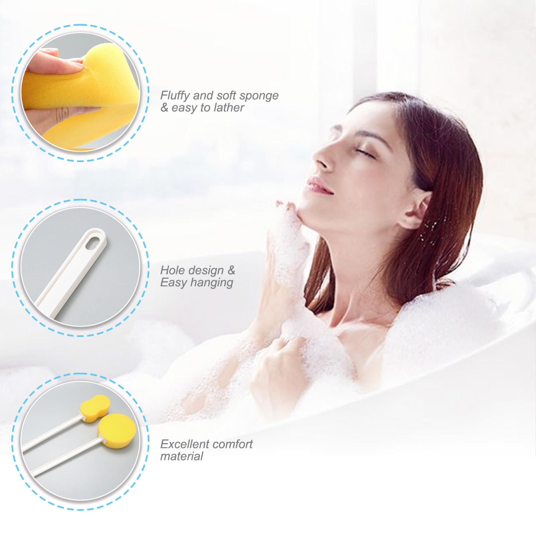 Esponja de mango largo para ducha 4 esponjas de mango largo en forma de 8 de 22 pulgadas con orificio para colgar Ducha amarilla y azul para limpieza de espalda, brazos y cuerpo.