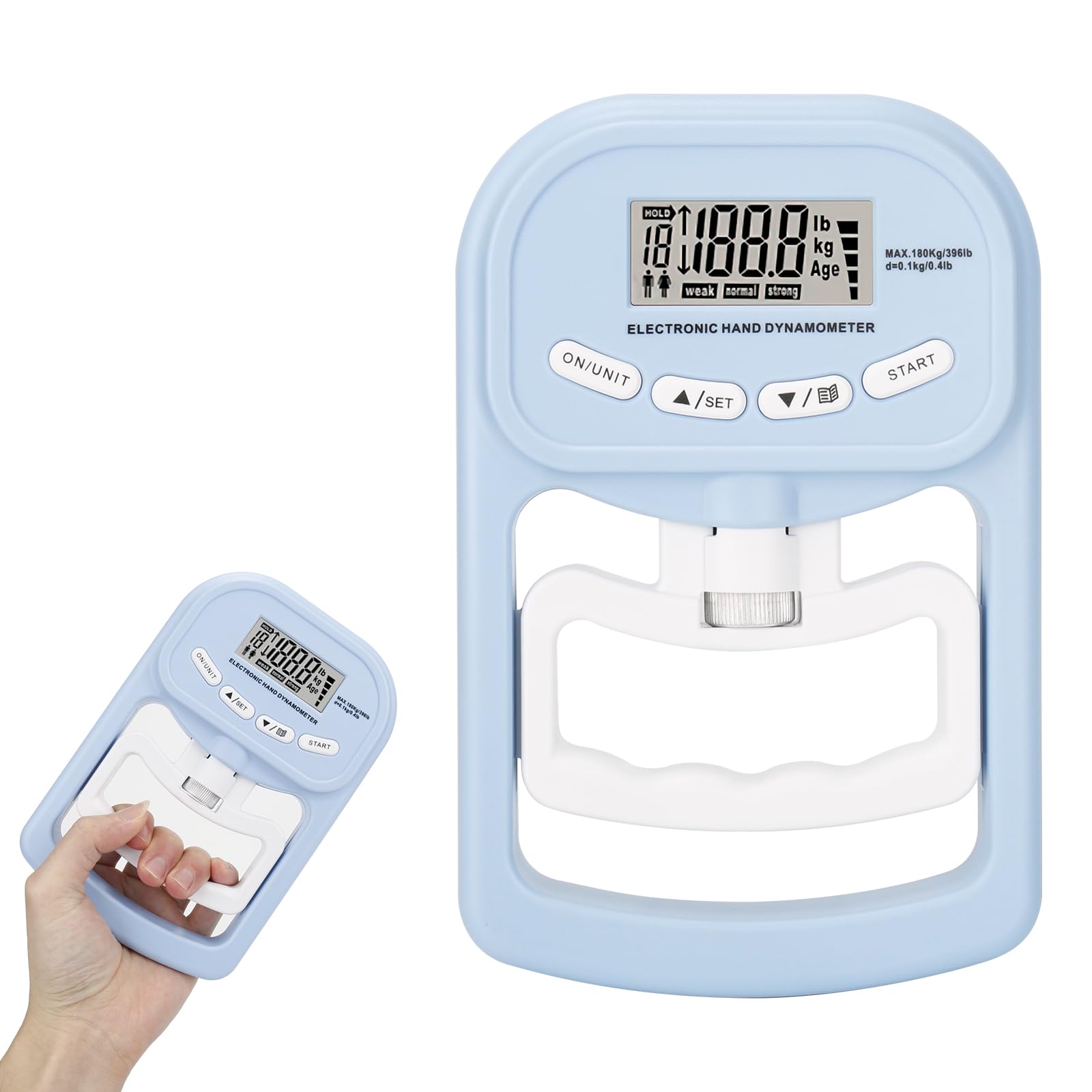 Griffkraft Messgerät, 396lbs /180kg Handkraftmessgerät, Digitales Hand Dynamometer, LED Bildschirm, Grip Strength Tester mit USB-Ladekabel
