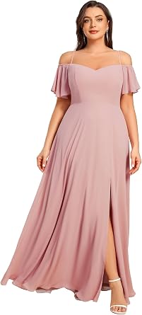 Ever-Pretty Plus Womens Off Shoulder Ruffles Sleeves Side Slit Chiffon Plus Size Bridesmaid Dresses 00237-DA