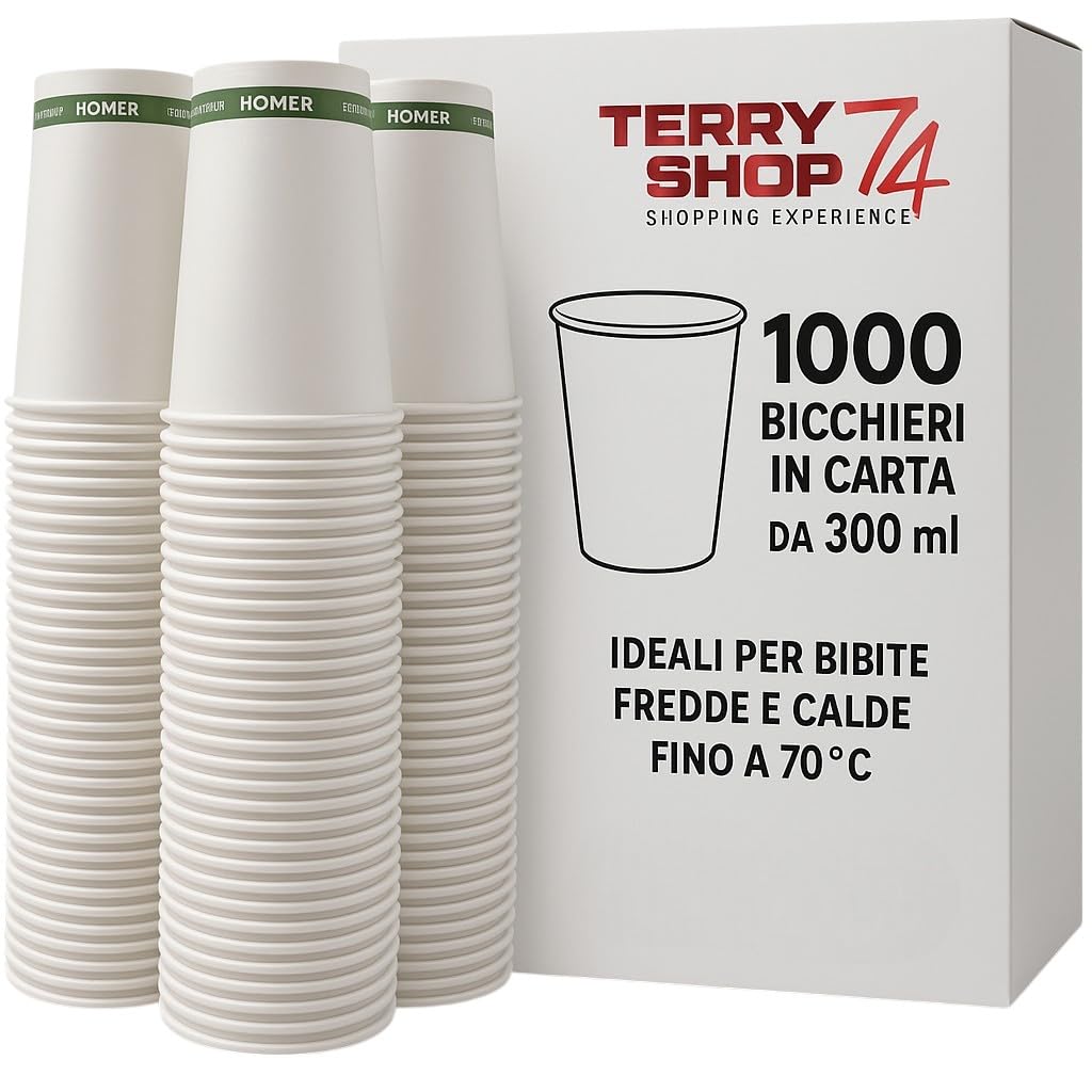 Terryshop74 1000 bicchieri in carta biodegradabile XXXL 300 ml per bevande Fredde Calde The e Cappuccino Birra (1000 bianchi, 1000, unità)