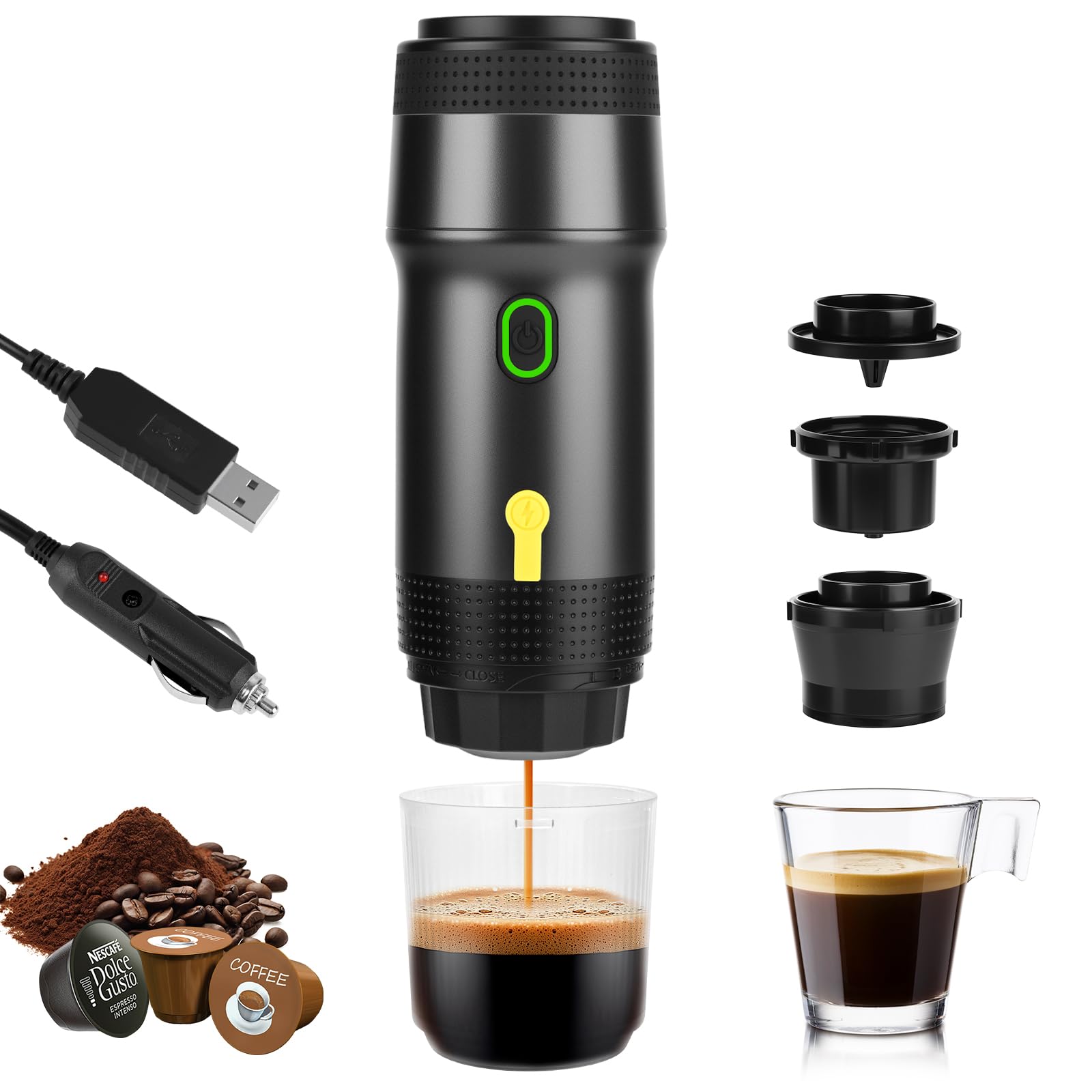 Dreamhigh® Macchina per caffè espresso portatile con batteria da 7500 mAh, macchina da caffè da viaggio, piccola con USB e caricatore per auto, mini macchina per espresso compatibile con capsule di
