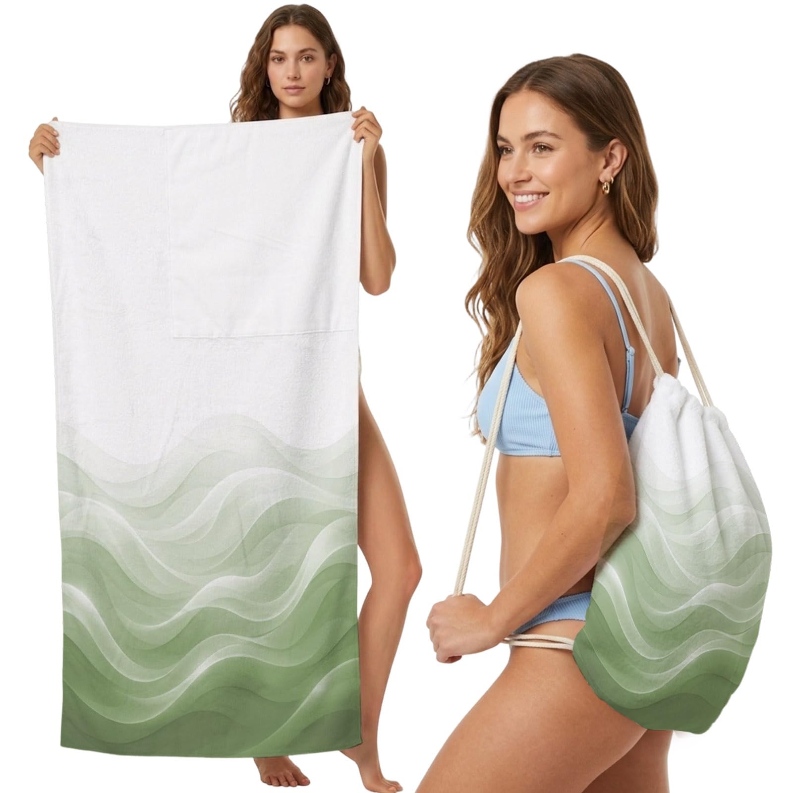 FWJZDSP Beach Towel Bag 2 in 1 Greenid Waves Bath Pool Towels Backpack GradientMountain Absorbent Beach Towel Soft Quick Dry Lightweight Towels Drawstring Bag for Travel Camping Sports Picnic