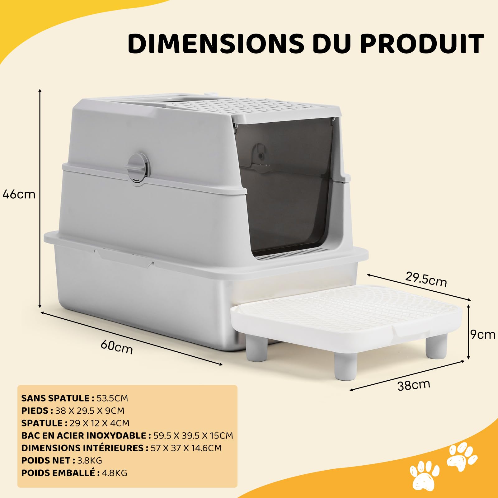 LEADZM Lettiera per gatti XXL - Casa di toilette per gatti chiuso, 60 x 40 x 46 cm, in acciaio inossidabile, coperchio rimovibile, paletta per lettiera e tappetino inclusi, colore: grigio