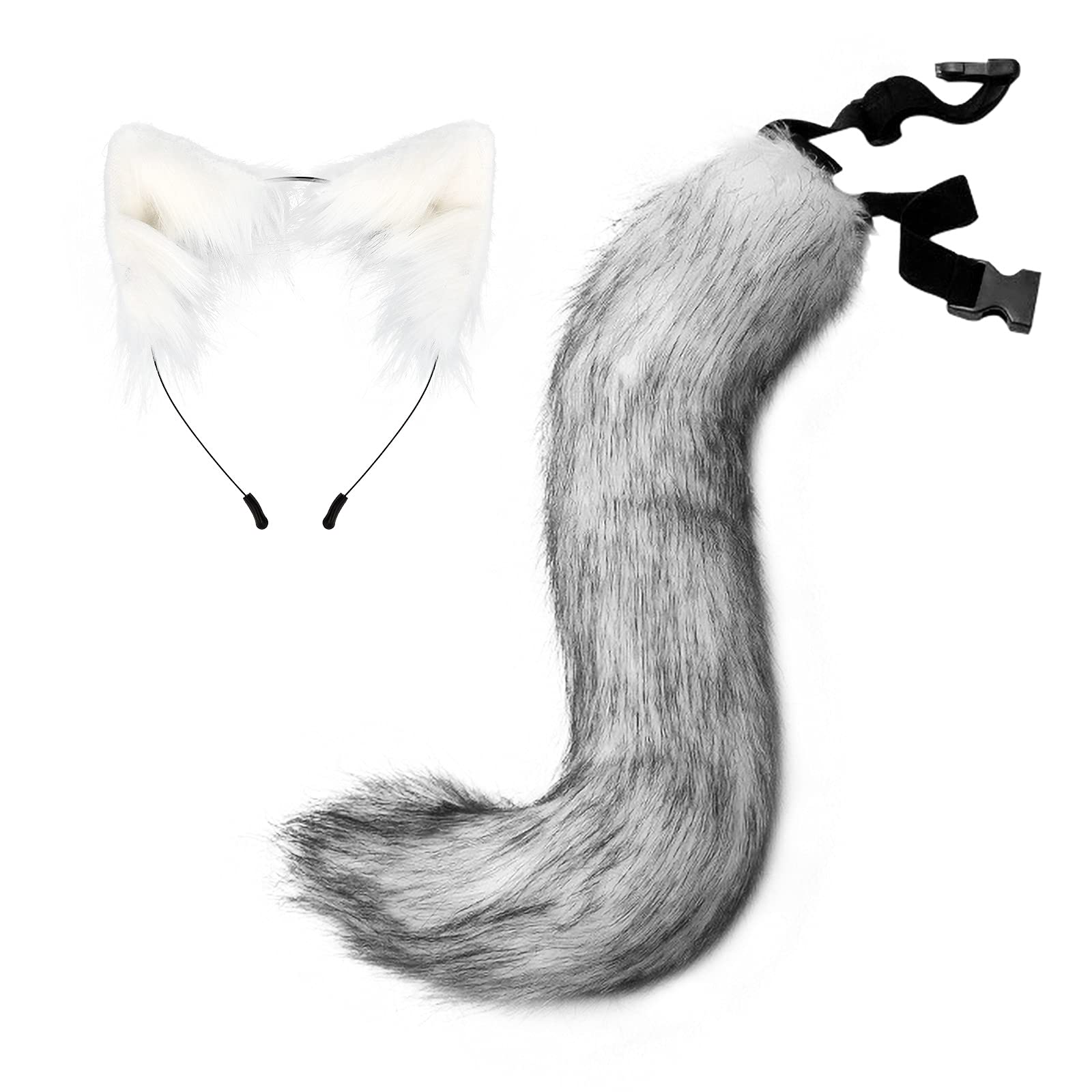 Faux Fur Cat Headband Ears Furry Foxes Tail Set Halloween Costumes Grey/White — image 1