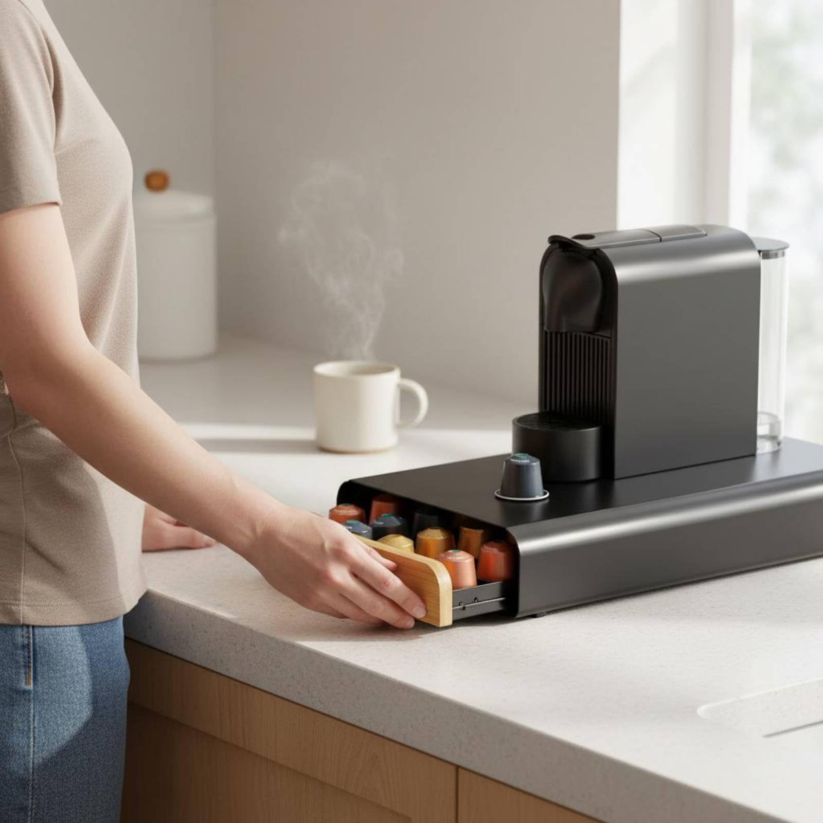 Soporte bajo Cafetera Metal Organizador de Cápsulas Fácil Acceso Portacápsulas