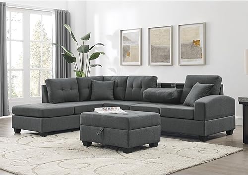 Miniatura 4 de UBGO Sala de estar tapizada, 3 piezas, piel sintética, convertible modular, reposapiés en forma de L, 2 almohadas, reclinable reversible, juego de