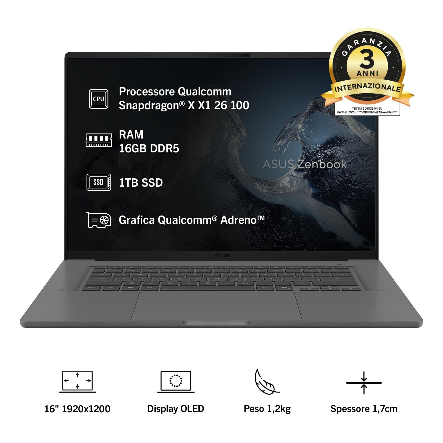 ASUS Zenbook A16 UX3607QA#B0GN3MDYY6, Notebook con display 16" OLED, Glossy,60Hz,Snapdragon® X X1 26 100 Processor, RAM 16GB, 1TB SSD, WIN11 Home, Grigio
