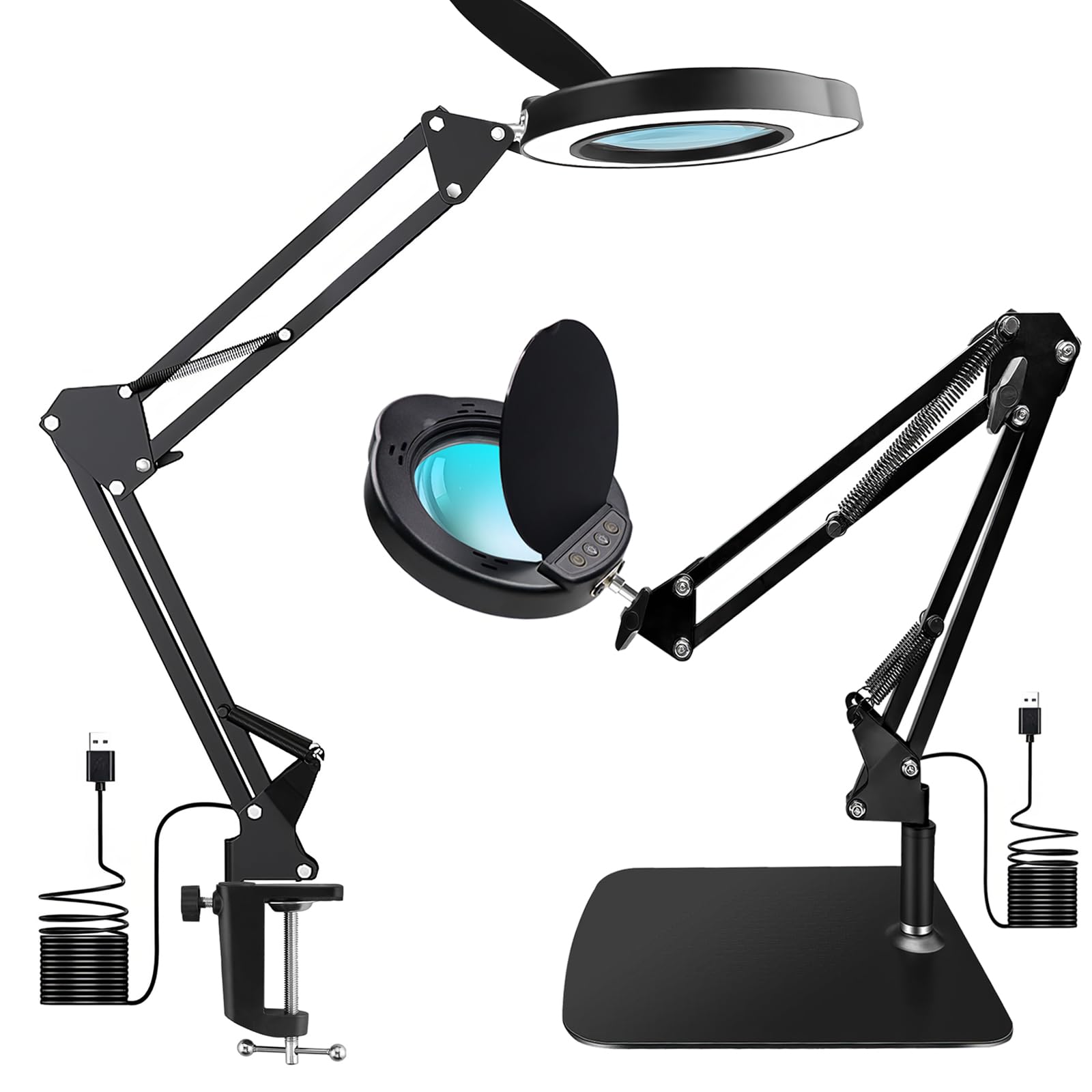 15X Magnifying Glass with Light and Clamp, LED Magnifying Lamp with Base, 5 Color Modes & 10 Brightness Levels, Hands-Free Desk Magnifier with Dust Cover for Crafts, Sewing, Repair, Close Work, Hobby