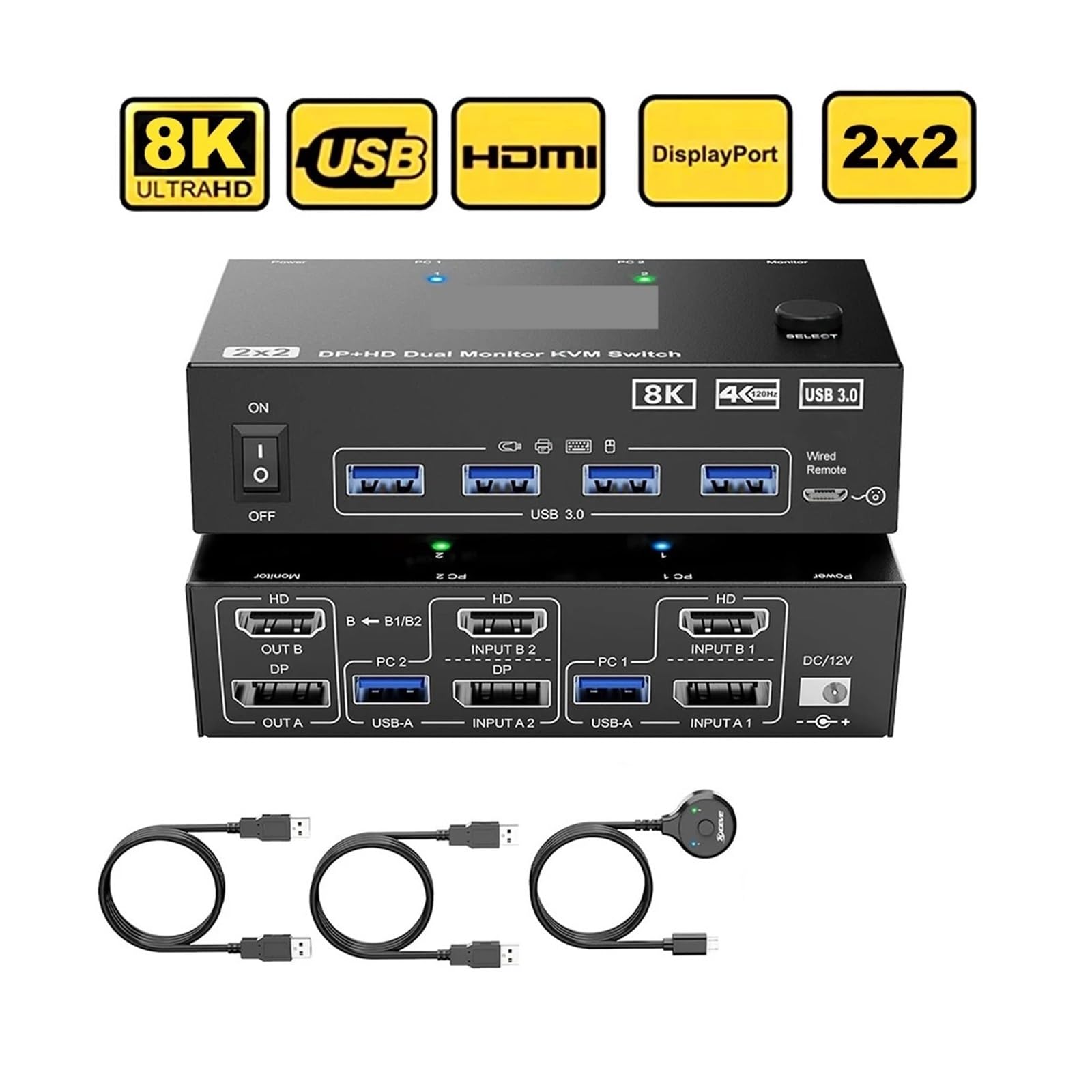 Przełącznik Wideo, Przełącznik KVM z dwoma monitorami, 2 porty, 8K@60Hz, 4K@144Hz, zgodny z i DP, przełącznik USB 3.0, rozszerzony wyświetlacz, 2 monitory, 2 komputery