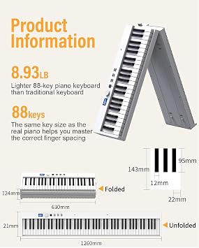 88-Key Folding Piano Keyboard, Full-Size Semi-Weighted Keys, Bluetooth MIDI, Sustain Pedal & Carry Bag, Portable Digital Piano, Ideal for Beginners Best Gift (White)