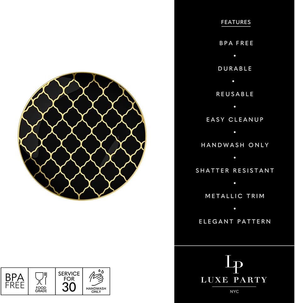LUXE PARTY NYC Plastic 30 Pack Dinnerware Plates | Disposable| 10.25" | Dinner Plate | Dinner | Buffet| Partyware| Party Supplies | Holidays | Gold Black