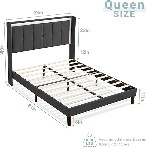Miniatura 2 de Base de cama tamaño Queen con cabecero, plataforma tapizada con marco fuerte y listones de madera, base de colchón, no necesita somier,
