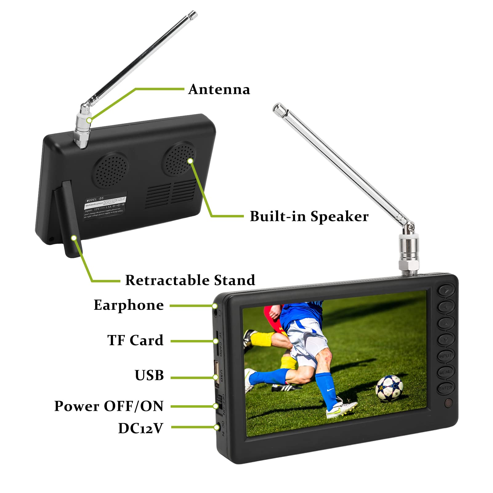 Téléviseur Portable 5 Pouces, 1080P ISDB T Pocket TV Numérique Compact TV, avec Batterie Rechargeable 1500 MAh, Prise en Charge USB, Carte TF, Mini Télévision Numérique pour Le