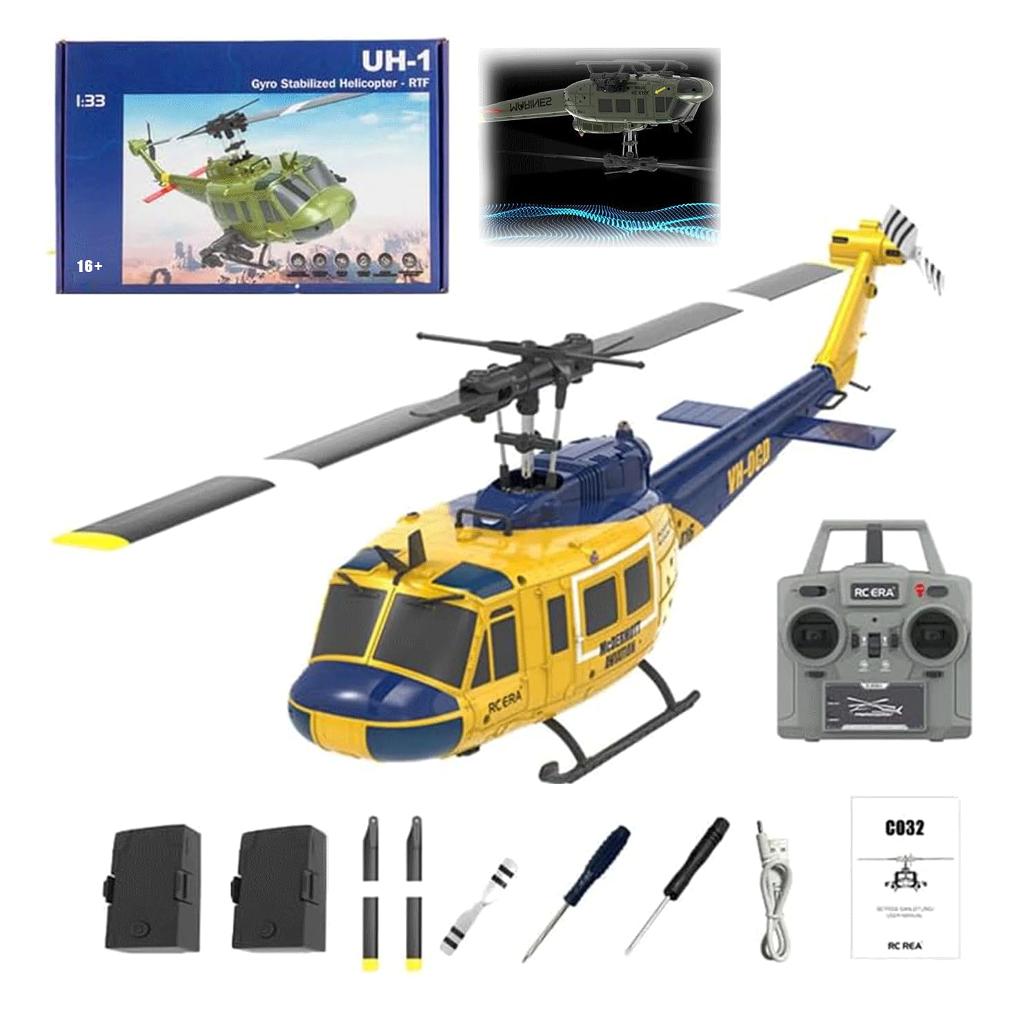 ROUASD RC ERA C032 UH-1 Huey RC Helicopters for Adults Beginners, 1/48 Scale 6CH 2.4G 6-Axis Gyro Remote Control Stabilized Aircraft with 3D Rolling &