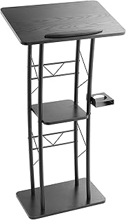 VEVOR Podium Stand, 47-Inch Metal Lectern, Curved Standing Podium with Wide Reading Surface, Open Storage Compartment, Book Stopper, Cup Holder, for Classroom, Wedding, Conference, Speech, and Concert