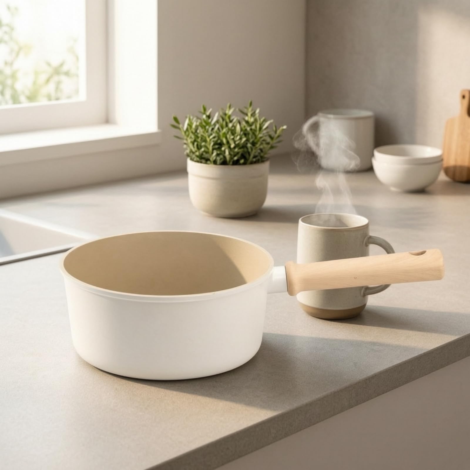 Ronyme Cazuela Antiadherente Pequeña Olla Aluminio con Mango Madera Compacto Olla 2,45 Litros para Cocina Casera, Conjunto 1