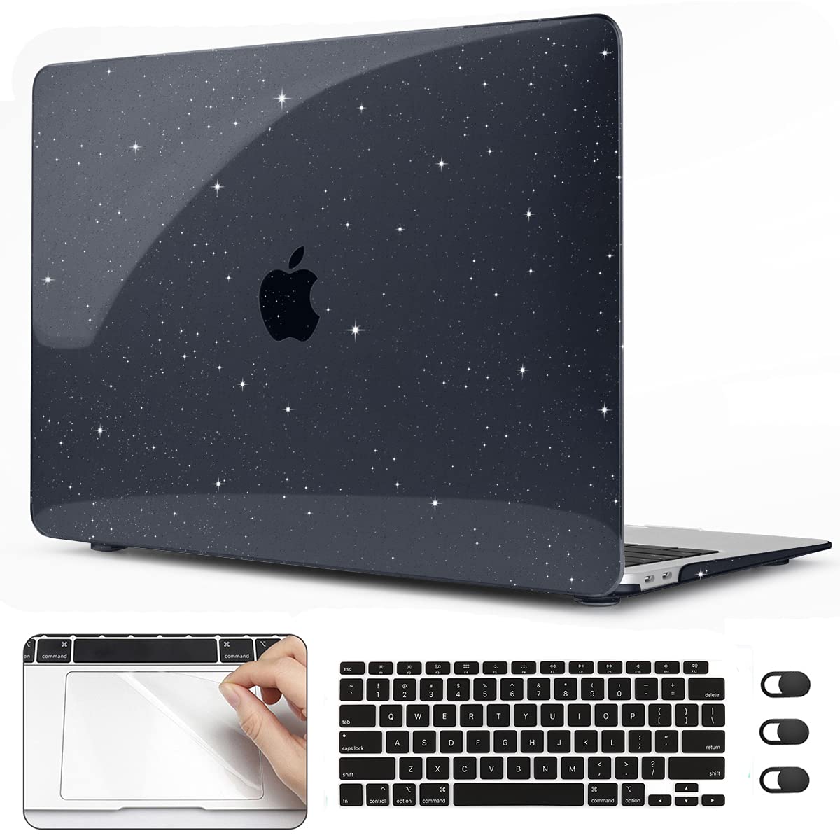 CISSOOK Sparkly Black Star Case for MacBook Air 13 Inch Case A2337 M1 A2179 A1932 2021-2018 Release, Plastic Glitter Bling Hard Shell Case with Keyboard Cover for MacBook Air M1 2021 with Touch ID
