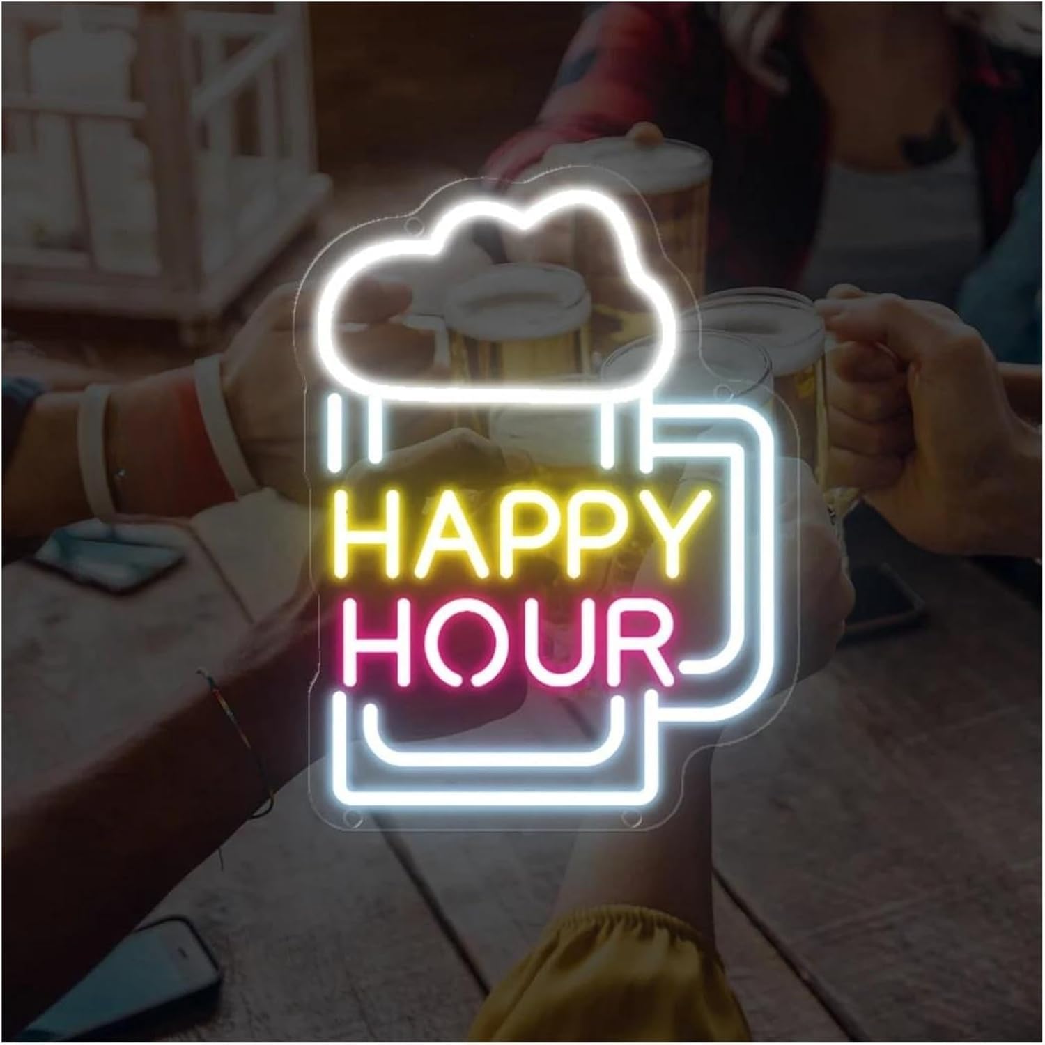 Insegna al neon con luci lettere Happy Hour dimmerabili per decorazioni murali per feste 24,3 cm x 32