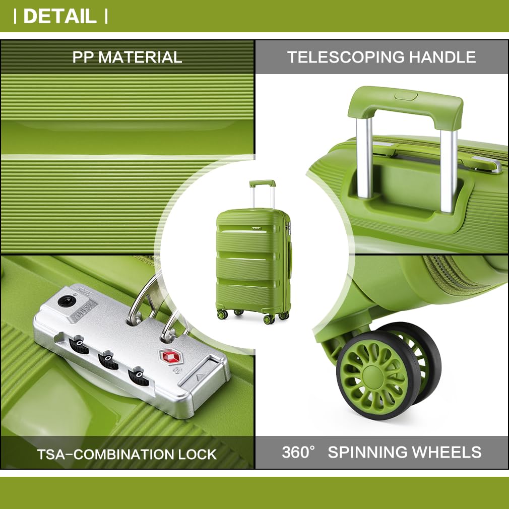 KONO Valigia Trolley Media 65cm Rigida e Leggera in Polipropilene Valige da Viaggio con 4 Ruote e TSA Lucchetto, Verde