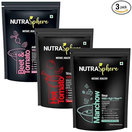 Tomato, Beetroot, Manchow Healthy Soup Packets Combo. High Fibre, Diabetic Friendly, High Protein (No MSG, Instant, Preservative Free, Sugarfree) - 5 Sachet Each