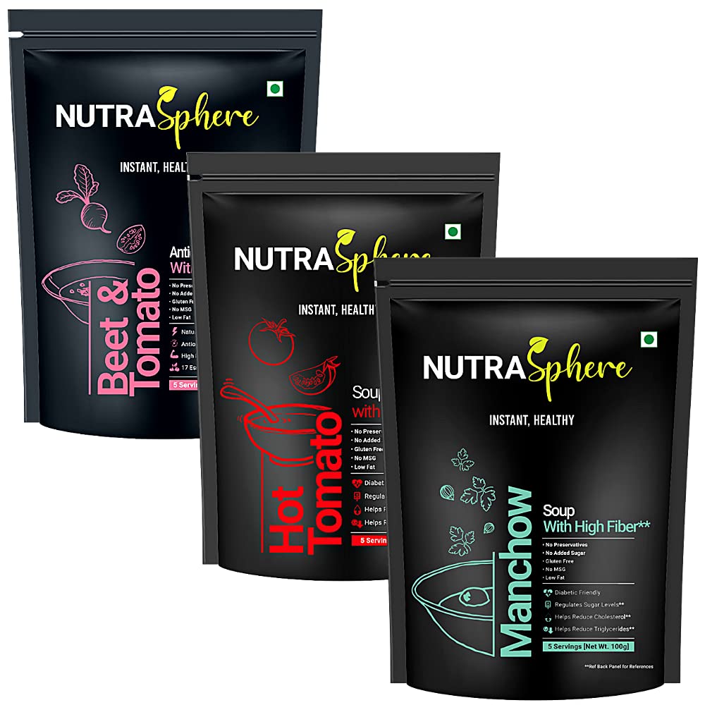 NutraSphere Tomato, Beetroot, Manchow Healthy Soup Packets Combo. High Fibre, Diabetic Friendly, High Protein (No MSG, Instant, Preservative Free, Sugarfree) - 5 Sachet Each