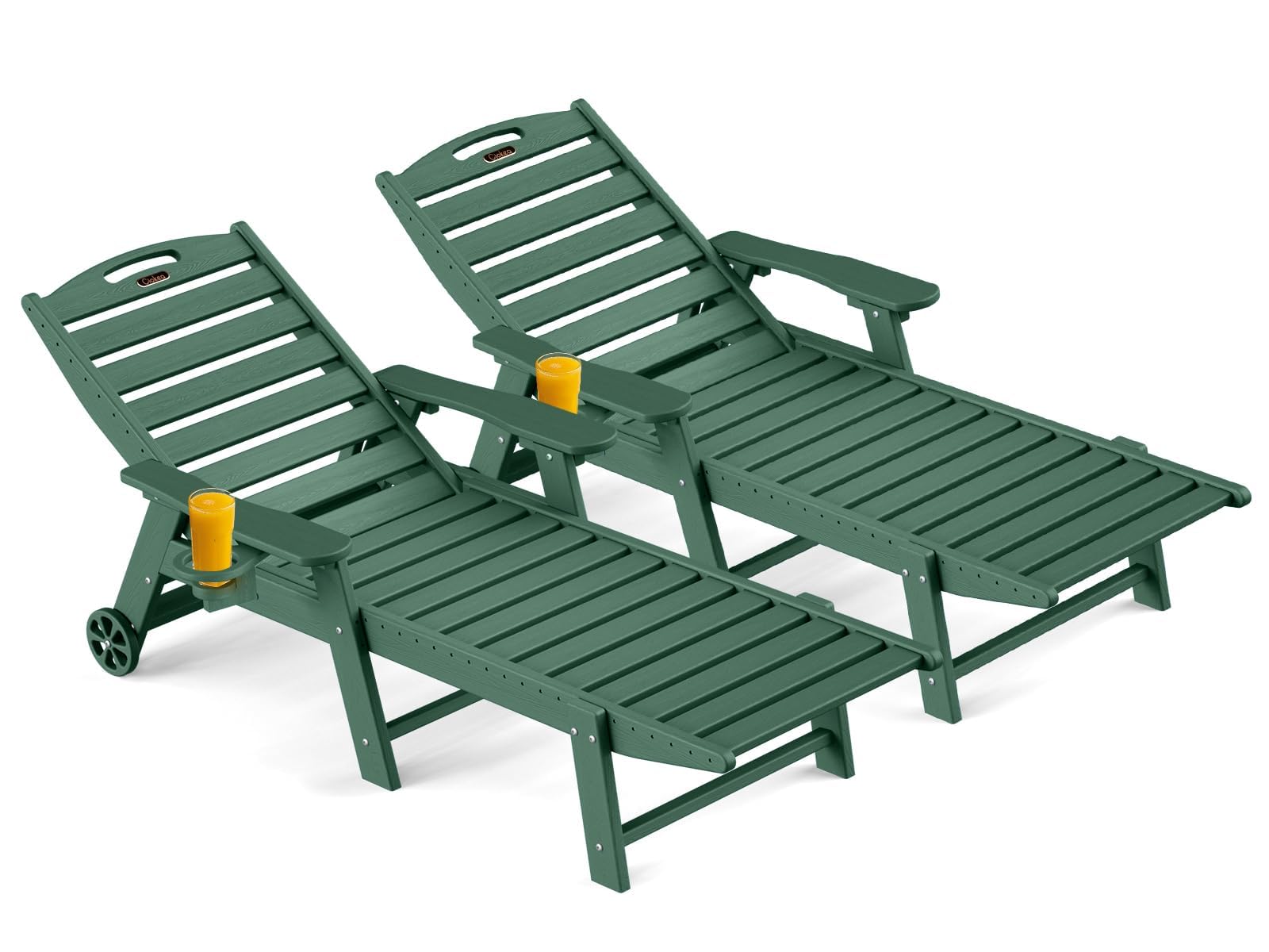 Outdoor Chaise Lounge Chair Set of 2, Patio Lounge Chairs for Outside, HDPE Lounge Chair with Wheels & Cup Holder, Poly Lounge Chair with 5 Position for Poolside, Deck,Green
