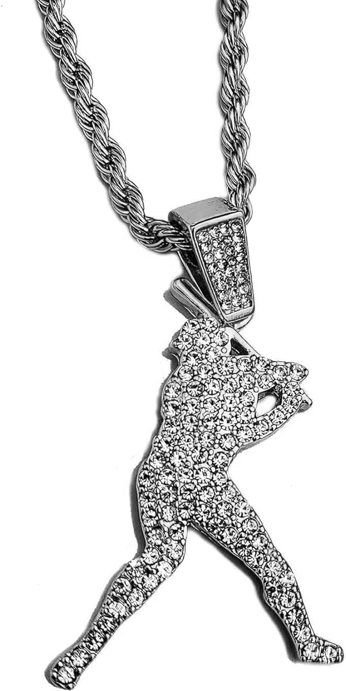 Iced Silver Plated Baseball Hitter & Glove Pendant & 4mm 24" Rope Chain Hip Hop Jewelry Fashion Necklace