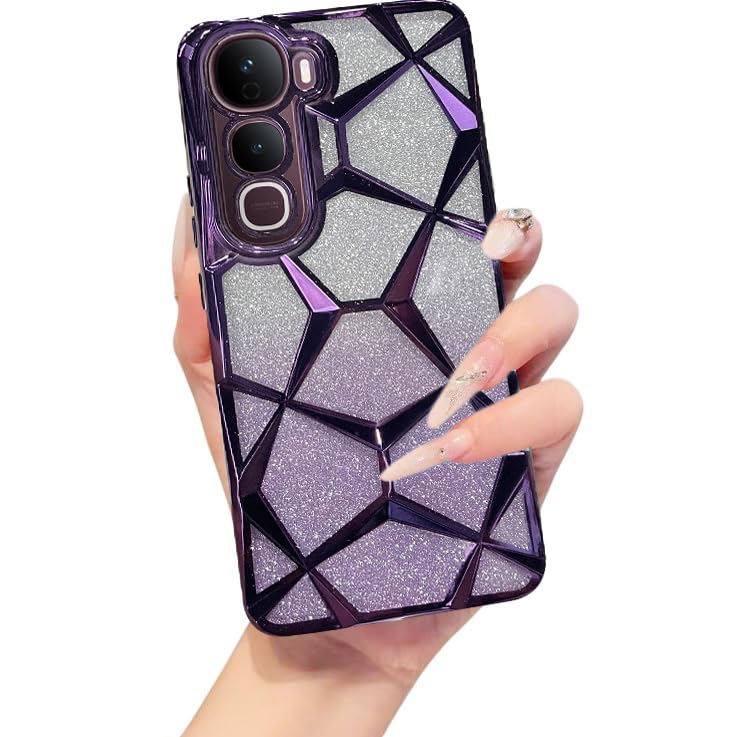Image of VONZEE Gradient Glitter Case for VIVO Y400, Luxury Electroplated 3D Cube, Diamond Bling Shiny Soft TPU Clear Shockproof Women Girls Protective Phone Cover (Deep Purple)