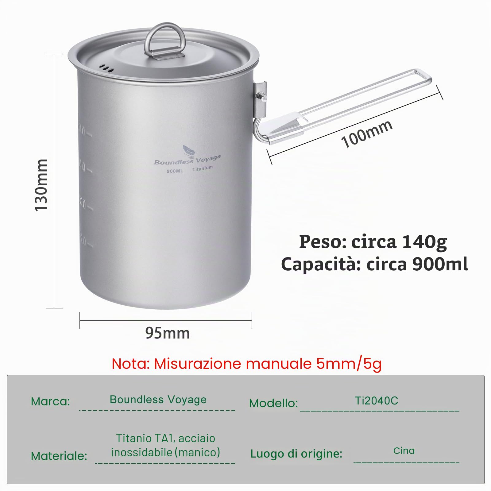 iBasingo Tazza in Titanio Vaso da Campeggio con Coperchio e Maniglia Pieghevole Pentole da Picnic per Picnic Ultraleggero da Esterno 300ml/420ml/600ml/750ml/900ml/1100ml/1250ml