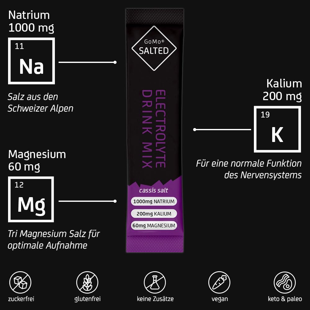 GoMo SALTED Hydration Aid | Elektrolyte ohne Zucker kalorienarm | verbesserte Wasseraufnahme & schnelle Hydration | 90 Einzelportionen Elektrolyt Pulver mit Schweizer Alpensalz | Alle Geschmacksorten