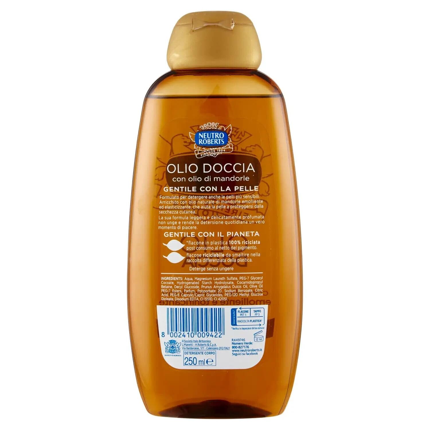 Neutro Roberts Olio Doccia con Olio di Mandorle, 12 unidades de aceite de ducha con aceite de almendras, suavizante y tonificante, 250 ml + 1 paquete de polvo de talco Felce Azzurra gratuito, bolsa de