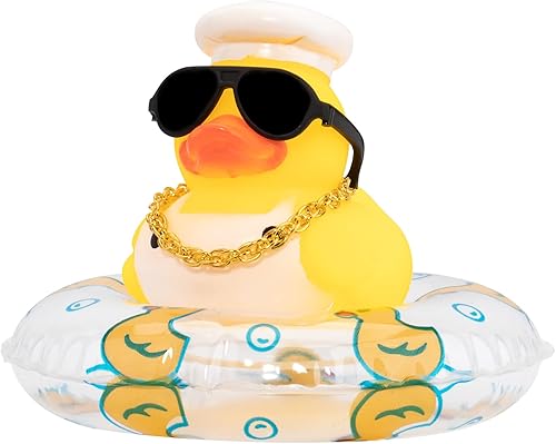 Wonuu Decoración de pato de goma para automóvil, adorno de tablero con mini collar de anillo de natación y gafas de sol