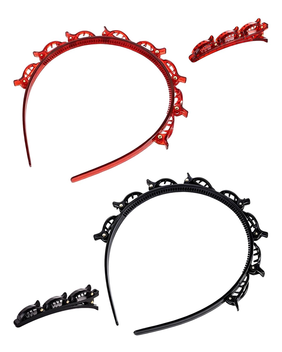 Set 4pz Cerchietto con Clip Doppia Strato & Elastici per Capelli. Fermagli Antiscivolo per Frangia, Aiuto Trecce, Stili Donna.