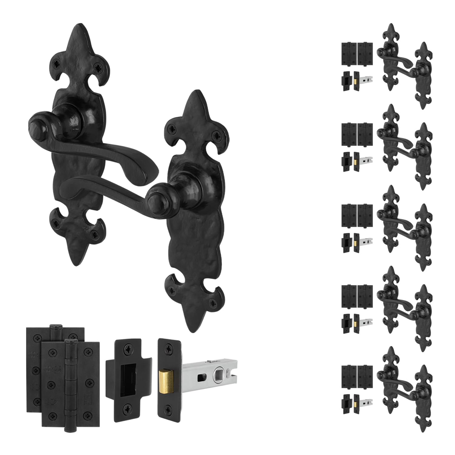 EAI Fleur De LYS Black Antique Door Handles Latch Pack, 6 Pairs of Cast Iron Internal Door Handles, Latch 64mm and Hinges โ image 1
