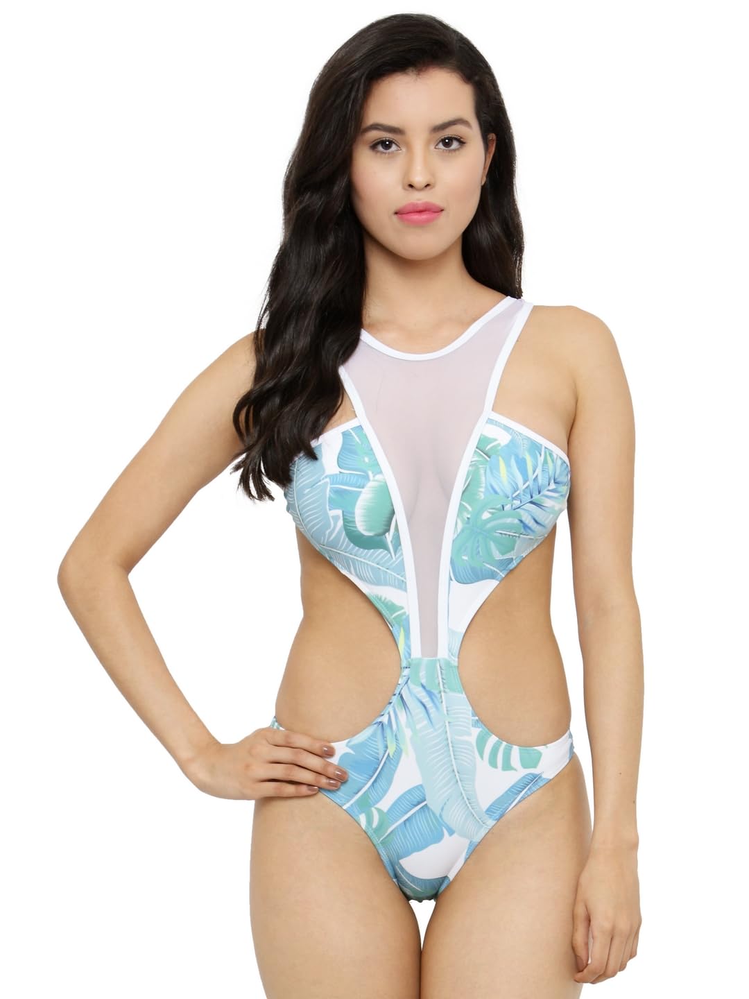 Printed Blue and White Monokini Swimsuit-image-38