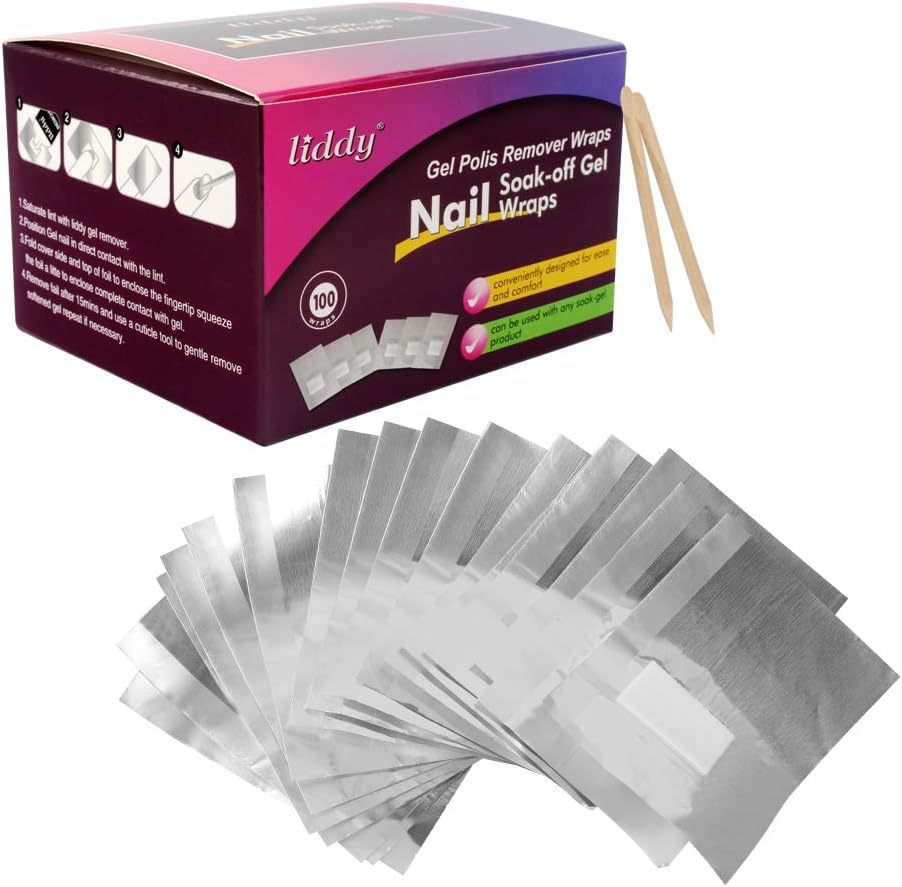 LIDDY Soak Off Gel Polish Remover Foils Nail Wraps with Cotton Pad 100pcs