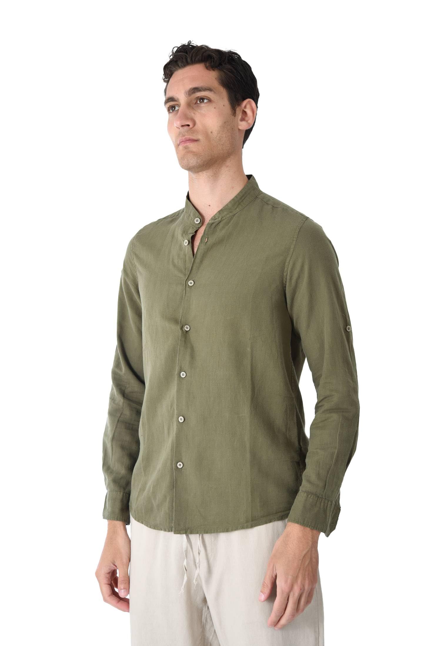 Camisa de hombre 100% lino cuello coreano blanco azul beige celeste negro rosa verde manga larga verano Slim Fit Serafino Sartorial Mangas revolables Verde L