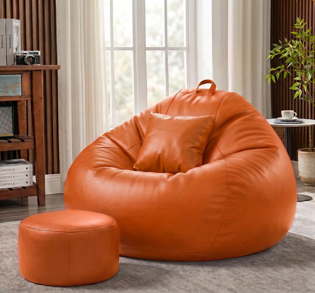 Sattva Classic 4XL Bean Bag Chair with Beans Filled | Faux Leather Sofa Style Bin Bags Combo with Footstool & Cushion | Comfortable Seating for Adults & Teens, Home & Office - Orange-picture-25