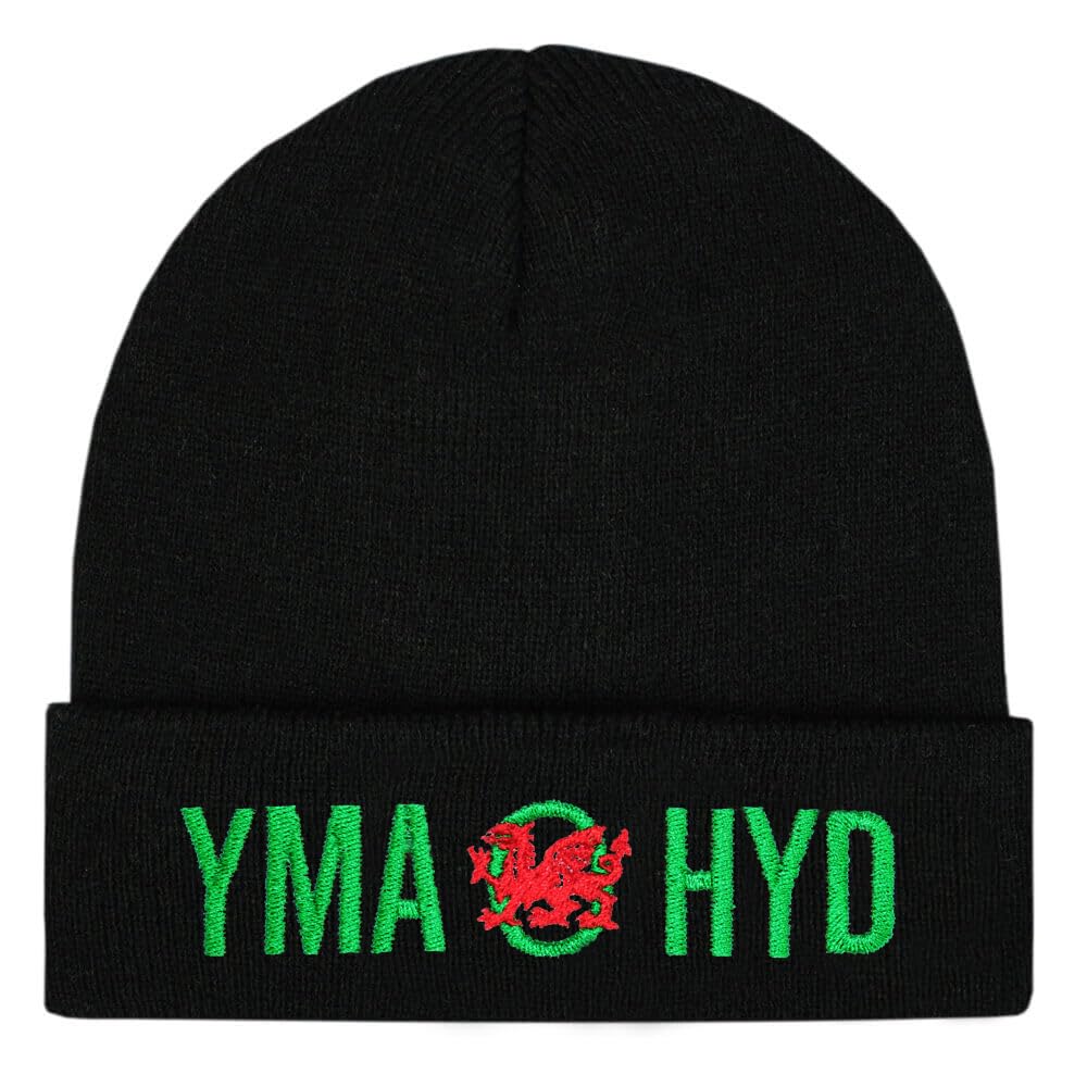 Teddyt's Men's Black Welsh Football Yma O Hyd Dragon Beanie Hat (Black)