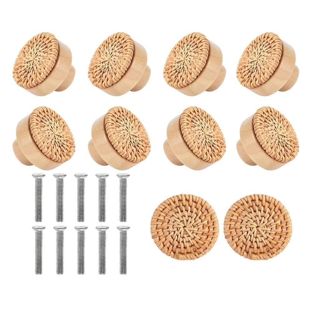 Littimoon 10PCS Wooden Handles Beech Rattan Drawer Knobs Furniture Handle Kitchen Cupboard Door Handle Dresser Pulls