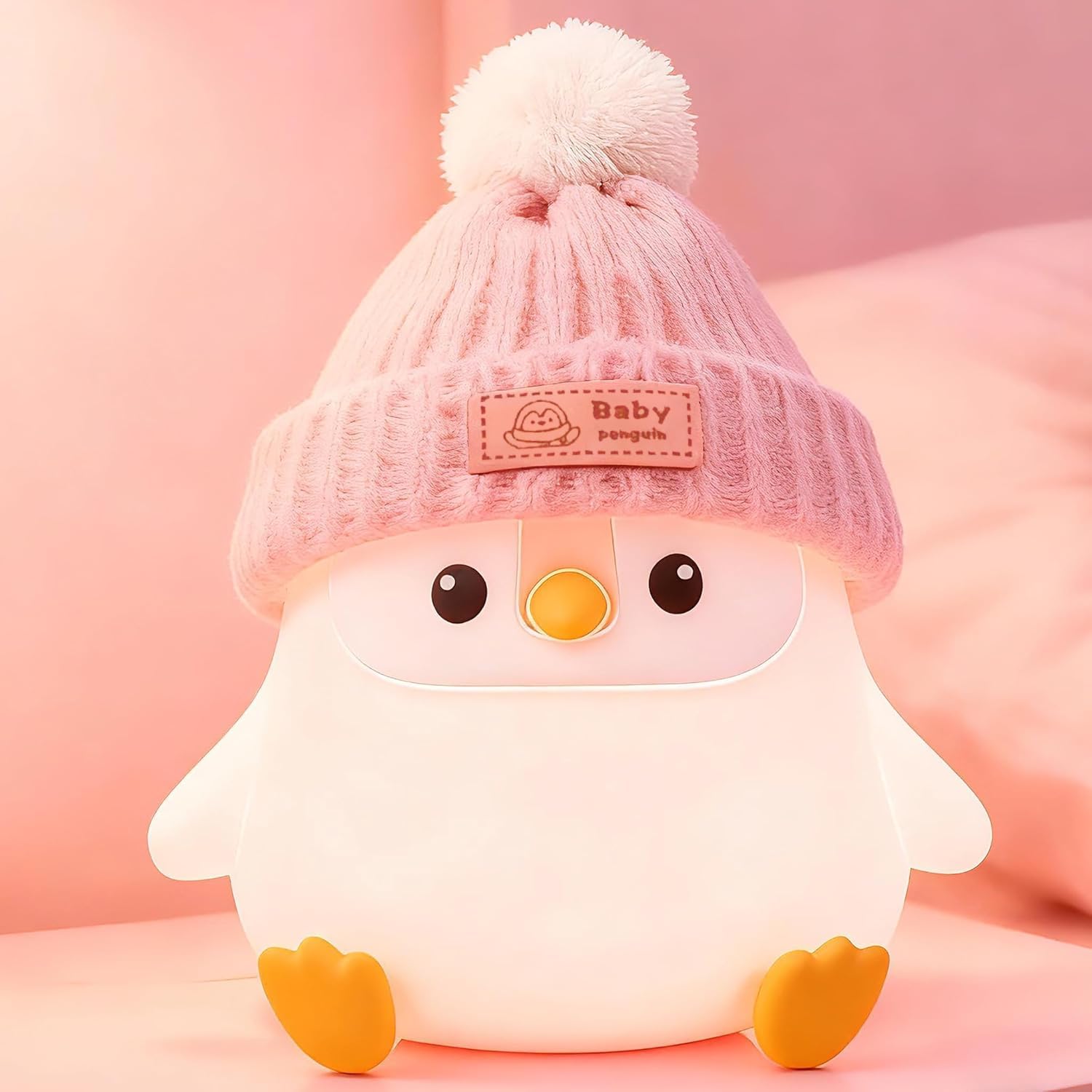 Penguin Silicone Night Light, Cute Pink Penguin Lamp with Hat, Nursery Nightlight for Baby , Rechargeable/Dimmable,LED Squishy Novelty Animal Bedside
