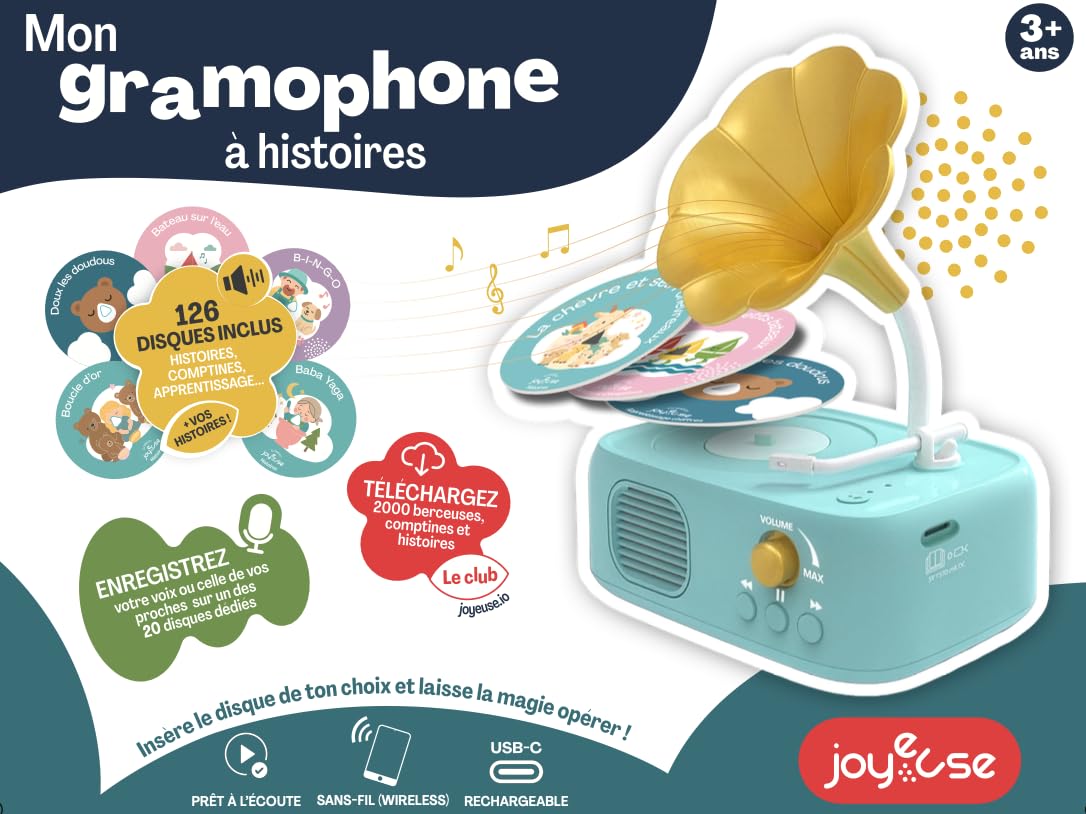 JOYEUSE - Narradora Gramófono - Despertar Musical - 141533 - Sin Pantalla - Idioma Francés - Historia - Canción Infantil - Sonido y Disco Personalizable - Diseño Francés - Regalo - A Partir de 3 años