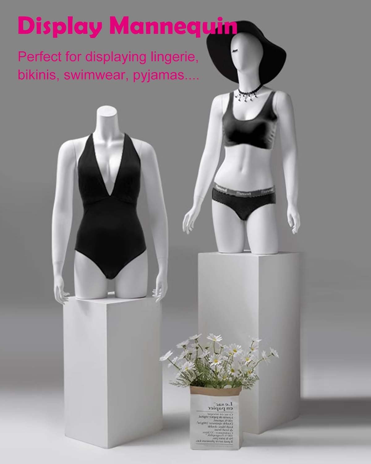 Sexy Female Mannequin Half Body, Clothing Bra Display Women Mannequin for Table Top/Shop Window, White Realistic Dress Form Model with Arms(with Head)